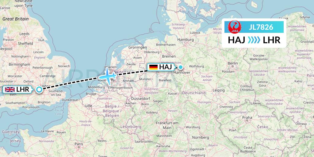 JL7826 Japan Airlines Flight Map: Hannover to London