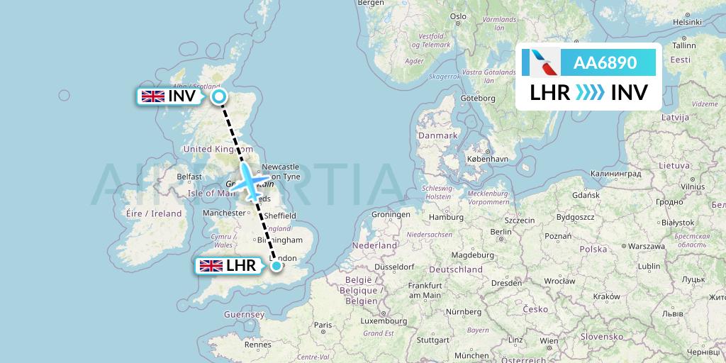 AA6890 American Airlines Flight Map: London to Inverness