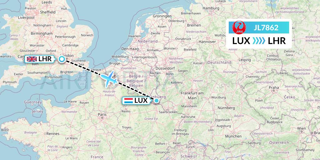 JL7862 Japan Airlines Flight Map: Luxembourg to London