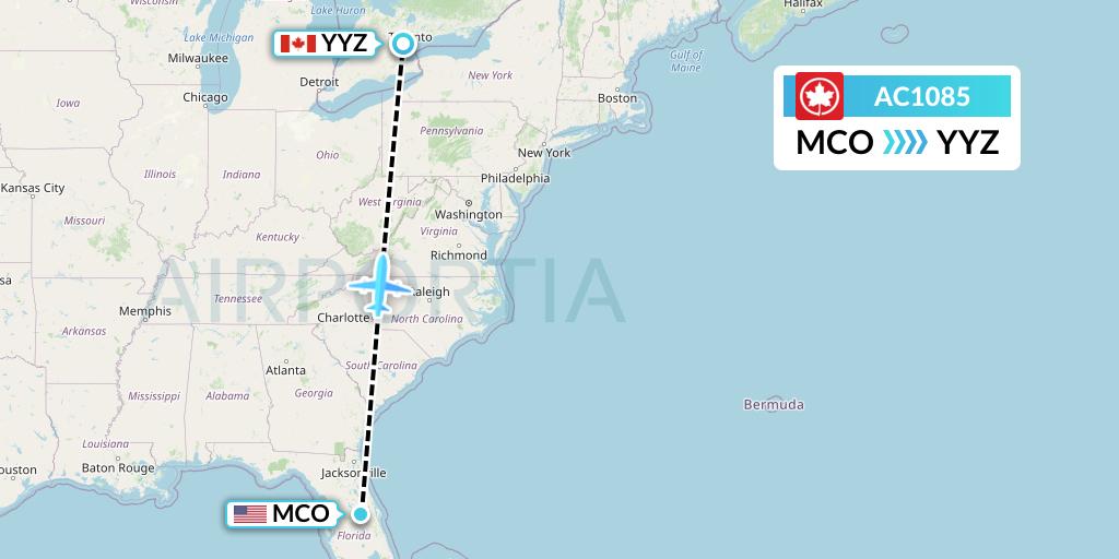 AC1085 Air Canada Flight Map: Orlando to Toronto