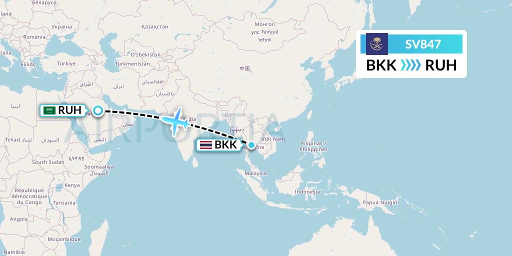 SV847 Saudi Arabian Airlines Flight Map: Bangkok to Riyadh