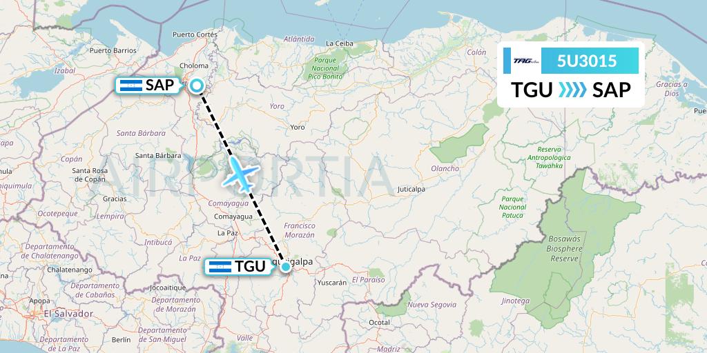 5U3015 TAG Airlines Flight Map: Tegucigalpa to San Pedro Sula