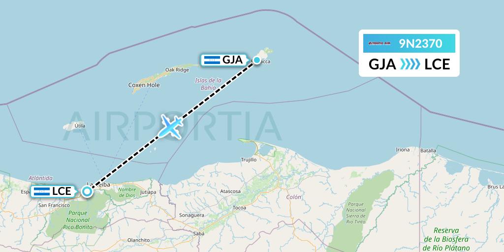 9N2370 Tropic Air Flight Map: Guanaja to La Ceiba