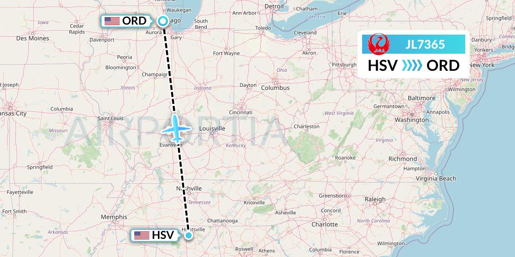 JL7365 Japan Airlines Flight Map: Huntsville to Chicago