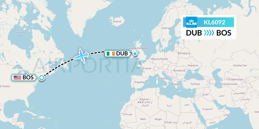 KL6092 KLM Flight Map: Dublin to Boston