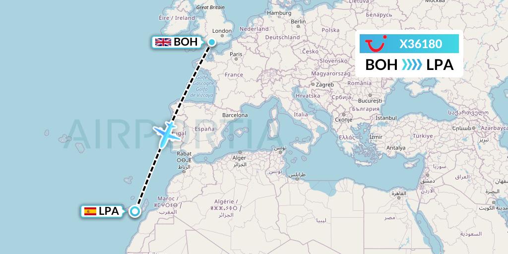 X36180 TUI fly Germany Flight Map: Bournemouth to Las Palmas