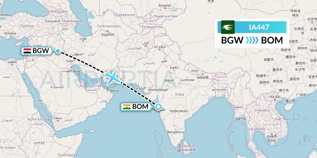IA447 Iraqi Airways Flight Map: Baghdad to Mumbai