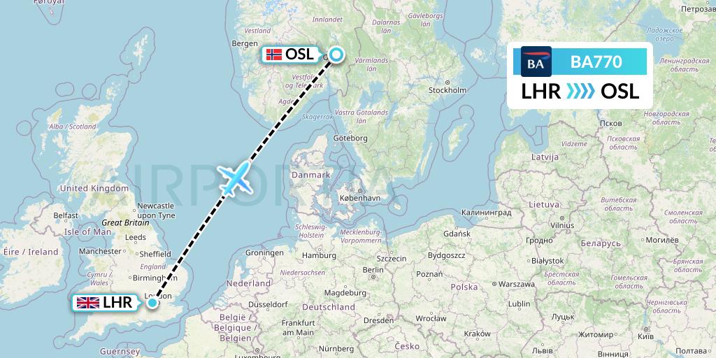 BA770 British Airways Flight Map: London to Oslo