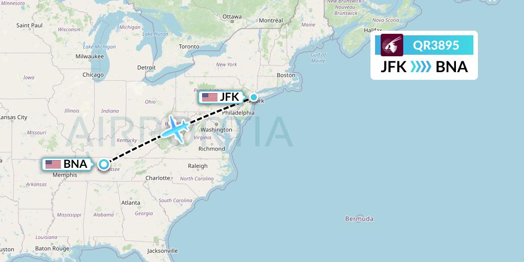 QR3895 Qatar Airways Flight Map: New York to Nashville