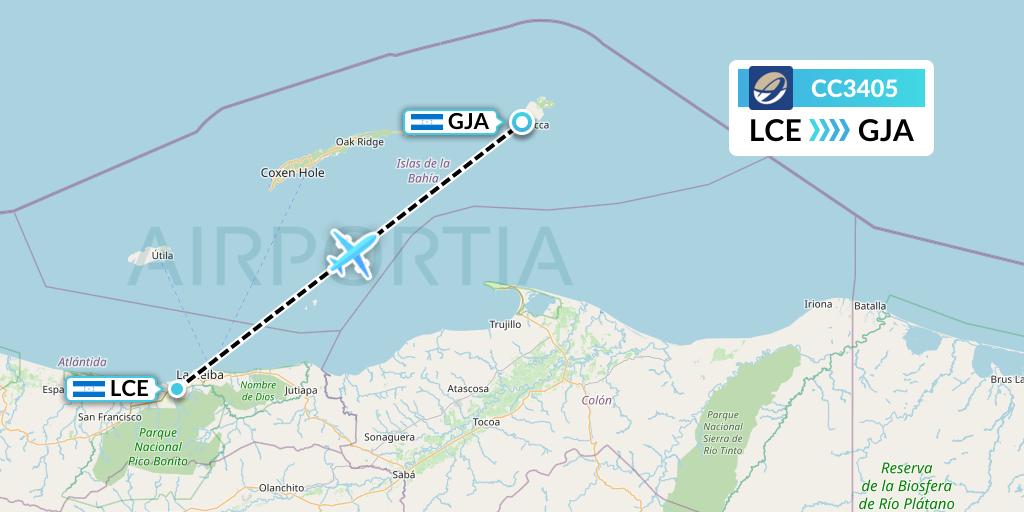 CC3405 CM Airlines Flight Map: La Ceiba to Guanaja