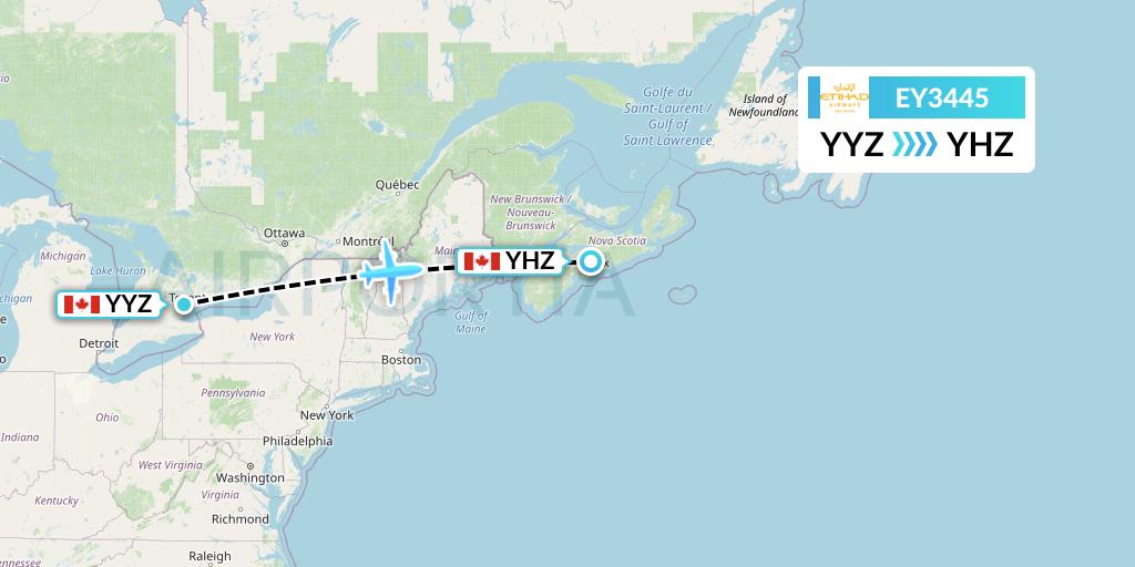 EY3445 Etihad Airways Flight Map: Toronto to Halifax