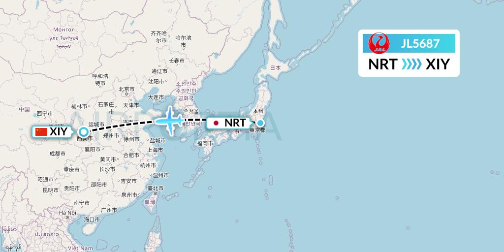 JL5687 Japan Airlines Flight Map: Tokyo to Xi'an