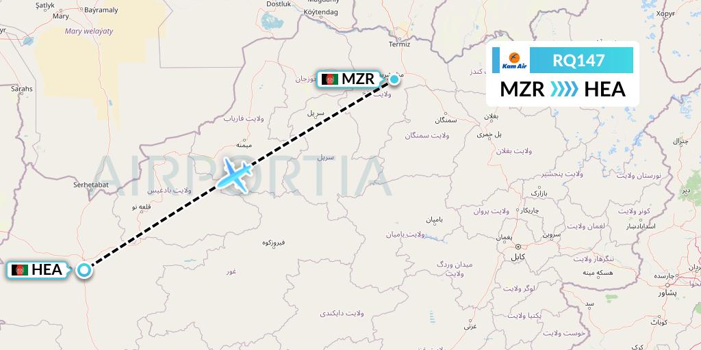 RQ147 Kam Air Flight Map: Mazar-I-Sharif to Herat