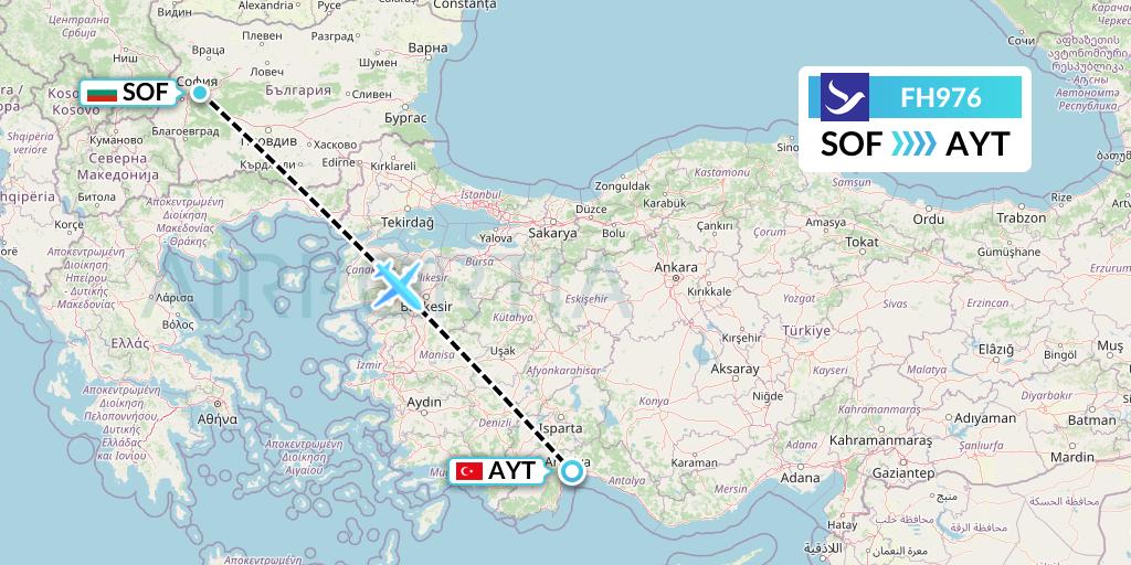 FH976 Freebird Airlines Flight Map: Sofia to Antalya