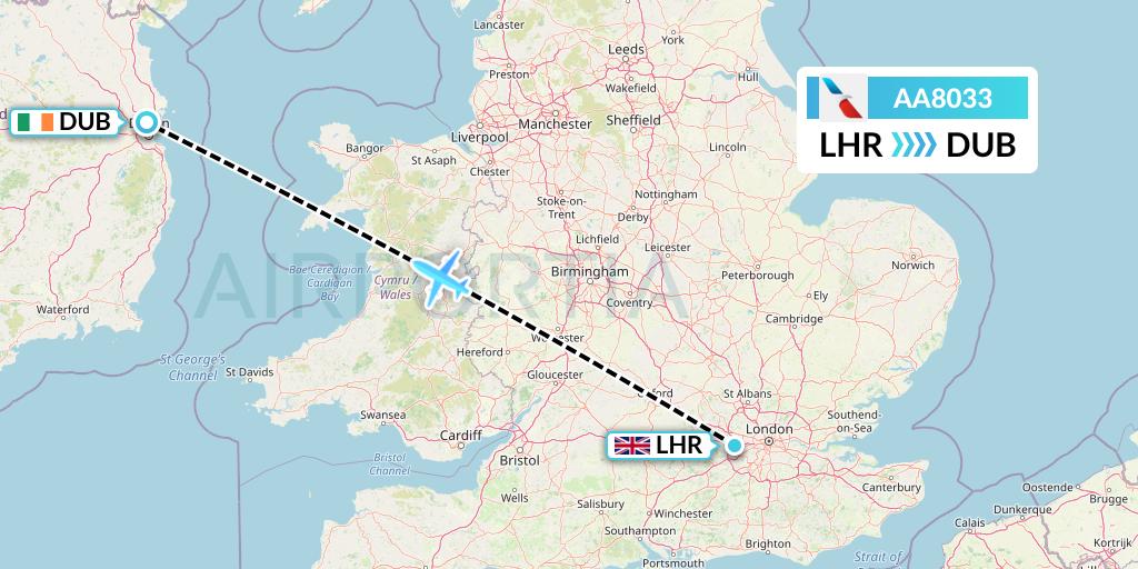 AA8033 American Airlines Flight Map: London to Dublin