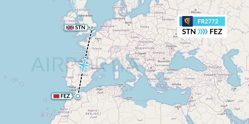 FR2772 Ryanair Flight Map: London to Fes
