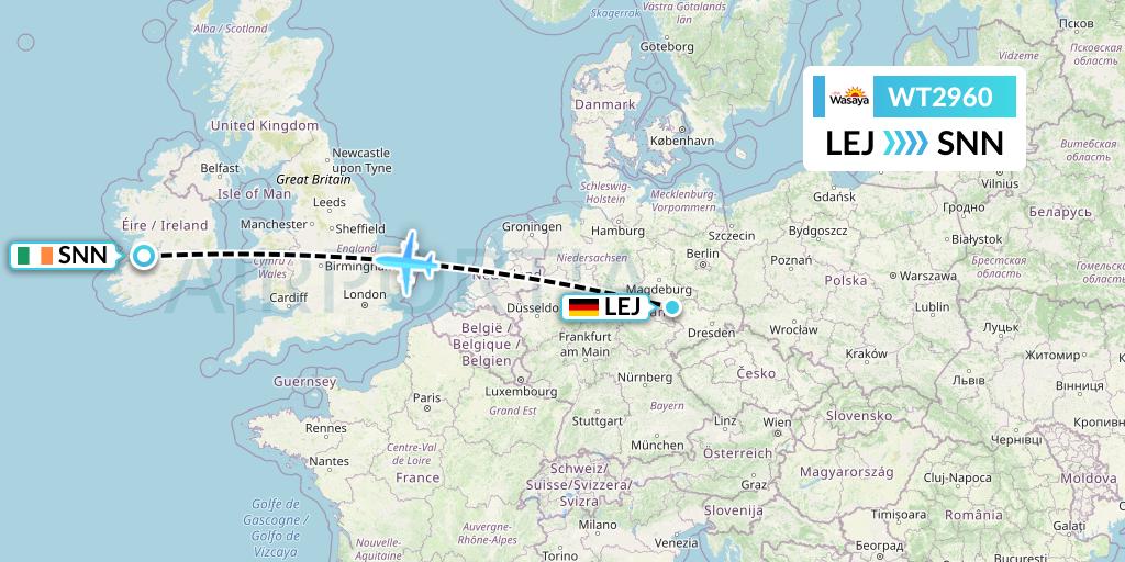 WT2960 Swiftair Flight Map: Leipzig to Shannon