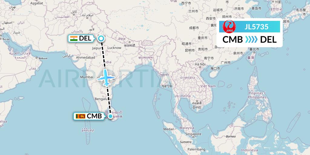JL5735 Japan Airlines Flight Map: Colombo to Delhi