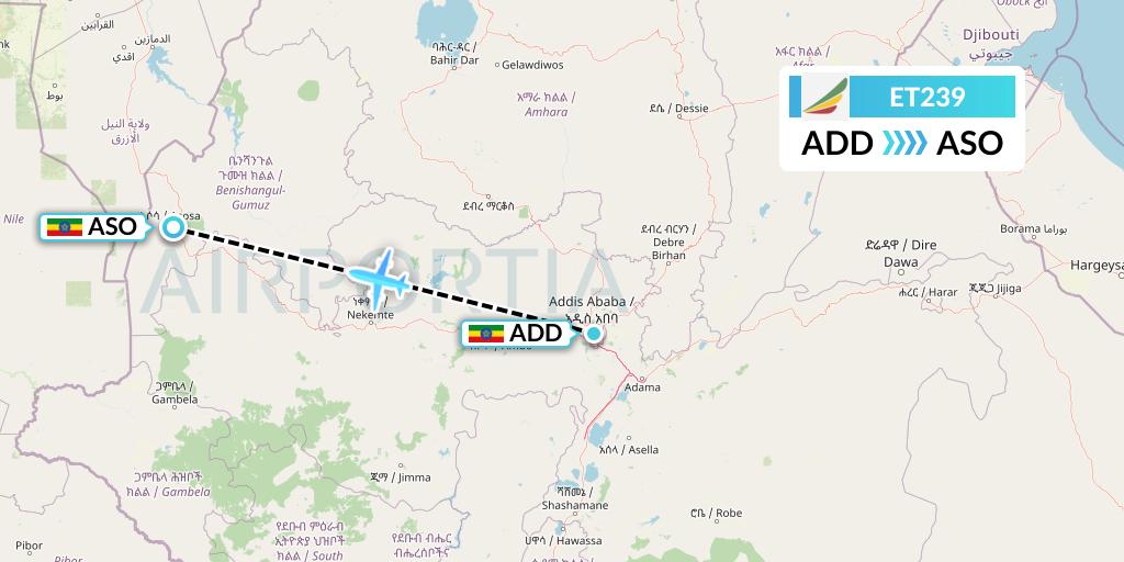 ET239 Ethiopian Airlines Flight Map: Addis Ababa to Asosa