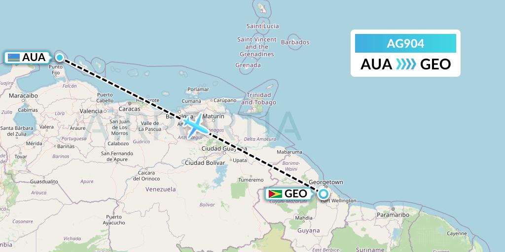 AG904 Aruba Airlines Flight Map: Oranjestad to Georgetown