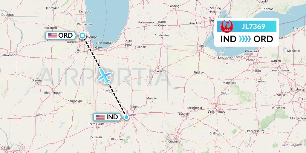 JL7369 Japan Airlines Flight Map: Indianapolis to Chicago