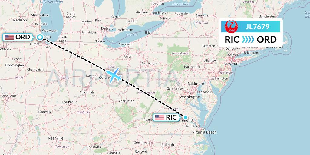 JL7679 Japan Airlines Flight Map: Richmond to Chicago