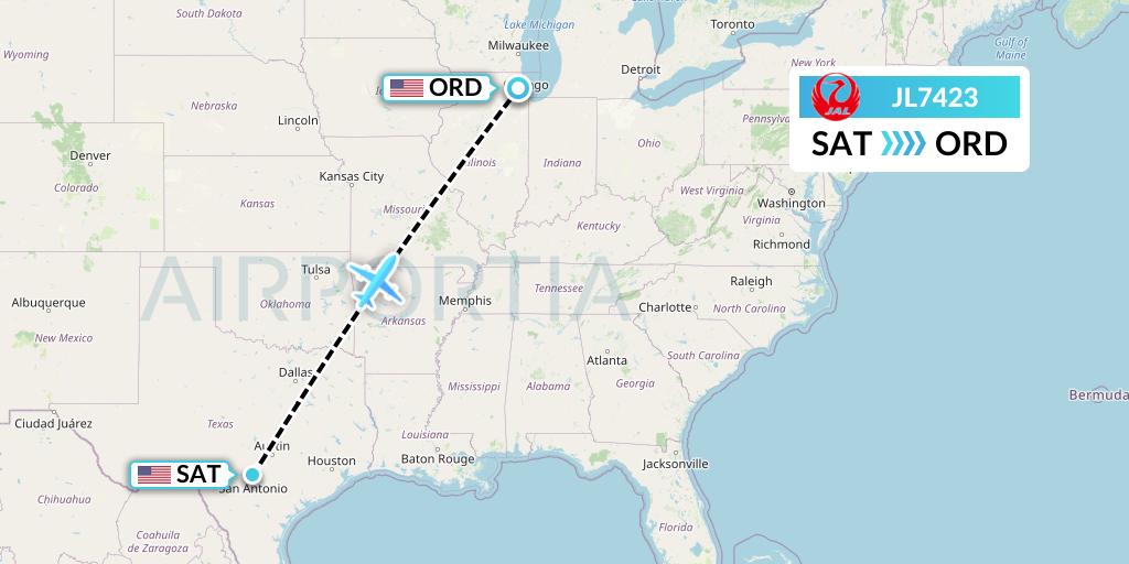 JL7423 Japan Airlines Flight Map: San Antonio to Chicago
