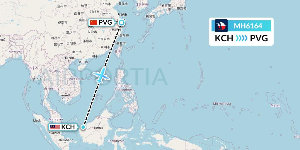 MH6164 Malaysia Airlines Flight Map: Kuching to Shanghai