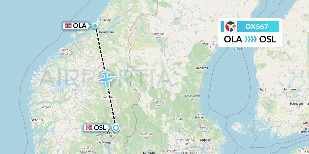 DX567 Danish Air Transport Flight Map: Brekstad to Oslo