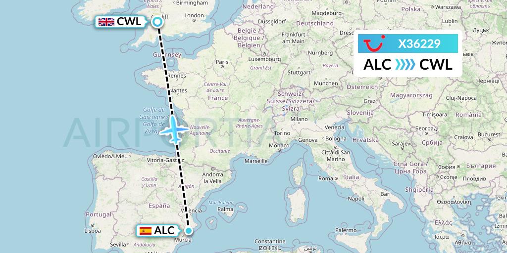 X36229 TUI fly Germany Flight Map: Alicante to Cardiff