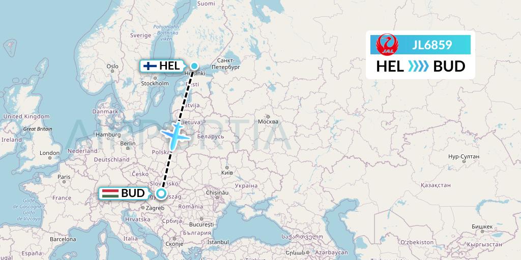 JL6859 Japan Airlines Flight Map: Helsinki to Budapest