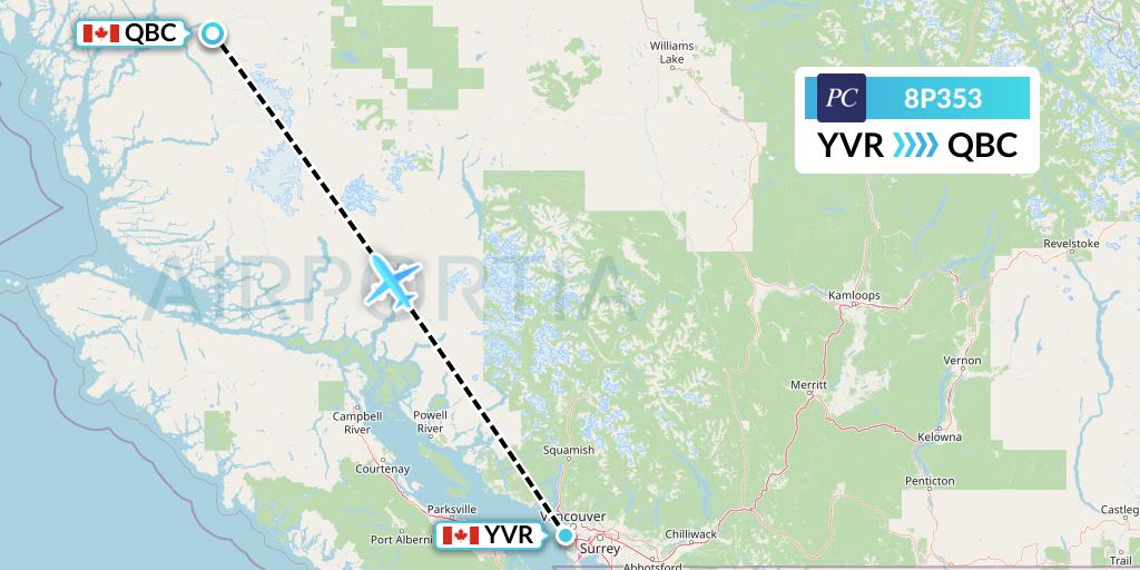 8P353 Pacific Coastal Airlines Flight Map: Vancouver to Bella Coola