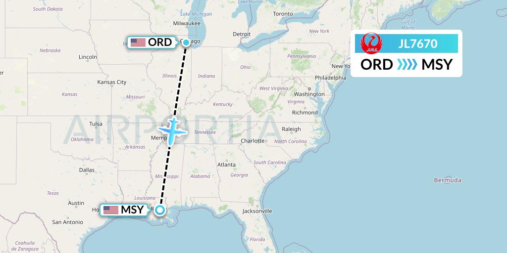 JL7670 Japan Airlines Flight Map: Chicago to New Orleans