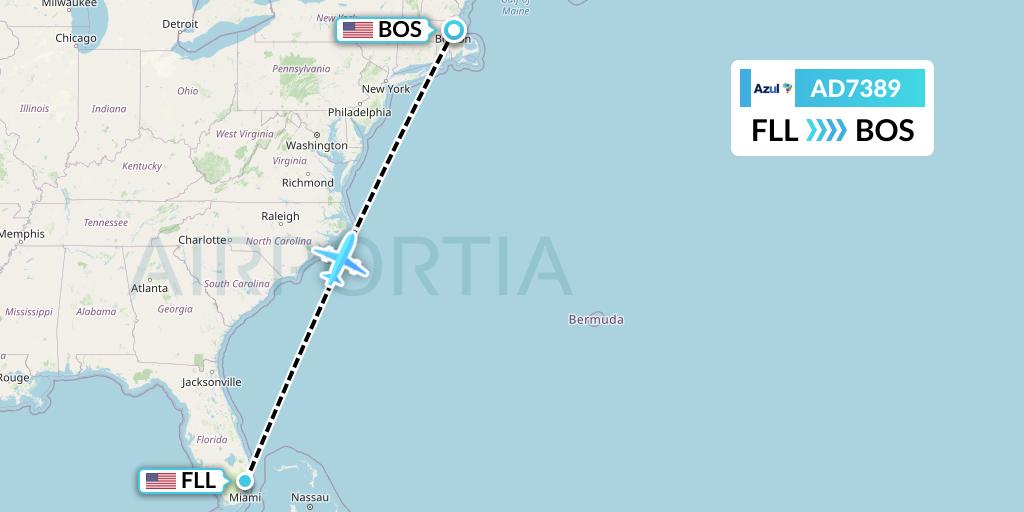 AD7389 Azul Brazilian Airlines Flight Map: Fort Lauderdale to Boston