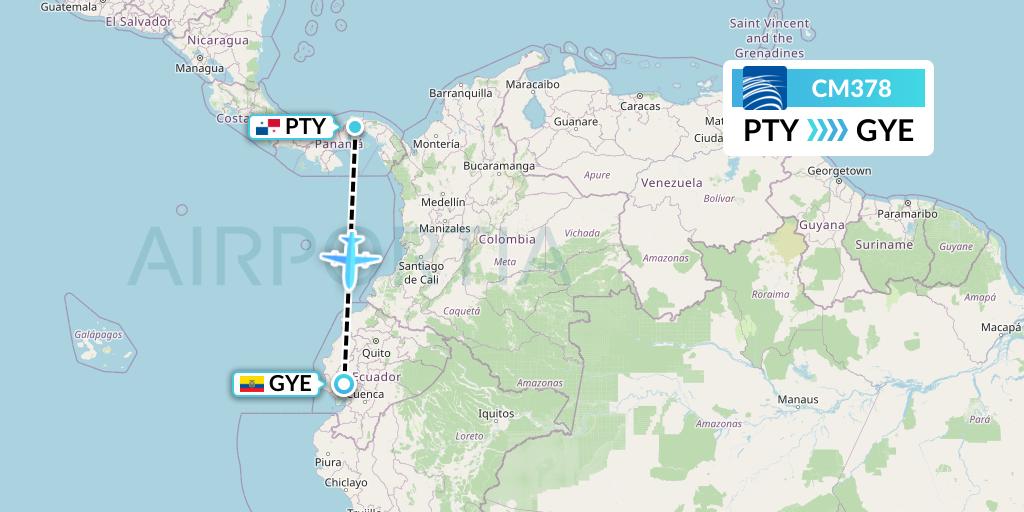 CM378 Copa Airlines Flight Map: Panama City to Guayaquil