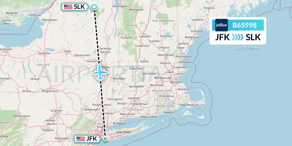 B65998 JetBlue Airways Flight Map: New York to Saranac Lake