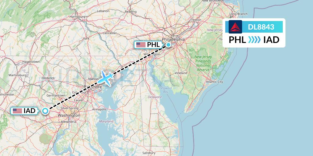 DL8843 Delta Air Lines Flight Map: Philadelphia to Washington