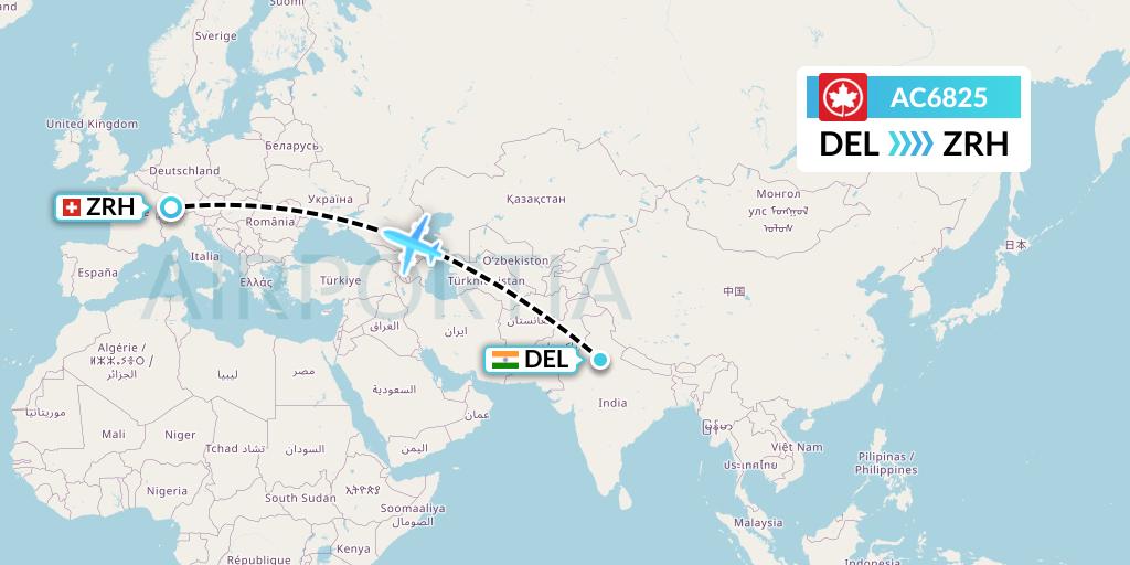 AC6825 Air Canada Flight Map: Delhi to Zurich