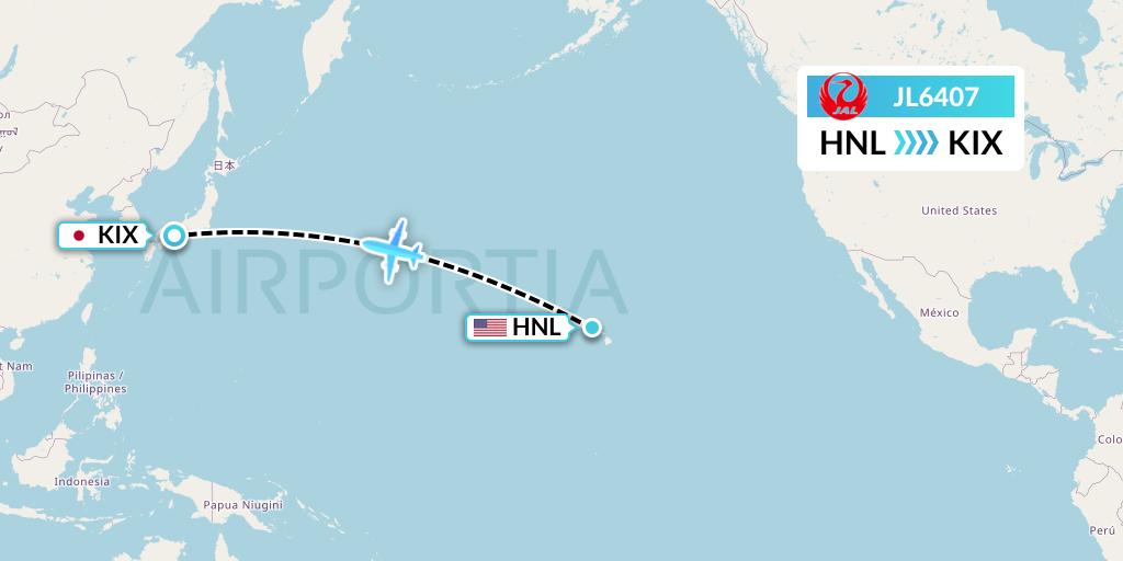 JL6407 Japan Airlines Flight Map: Honolulu to Osaka