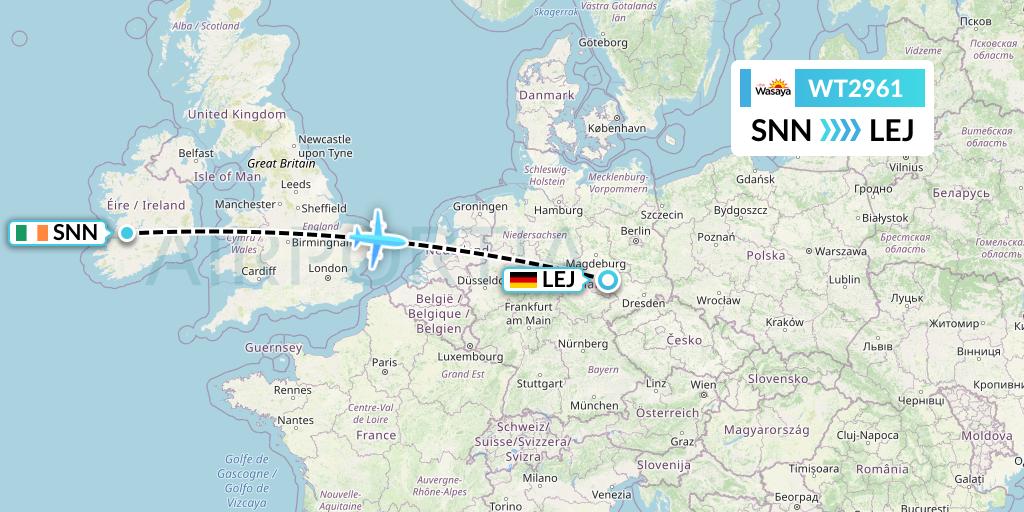 WT2961 Swiftair Flight Map: Shannon to Leipzig