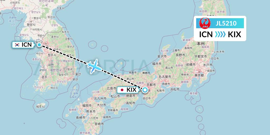 JL5210 Japan Airlines Flight Map: Seoul to Osaka