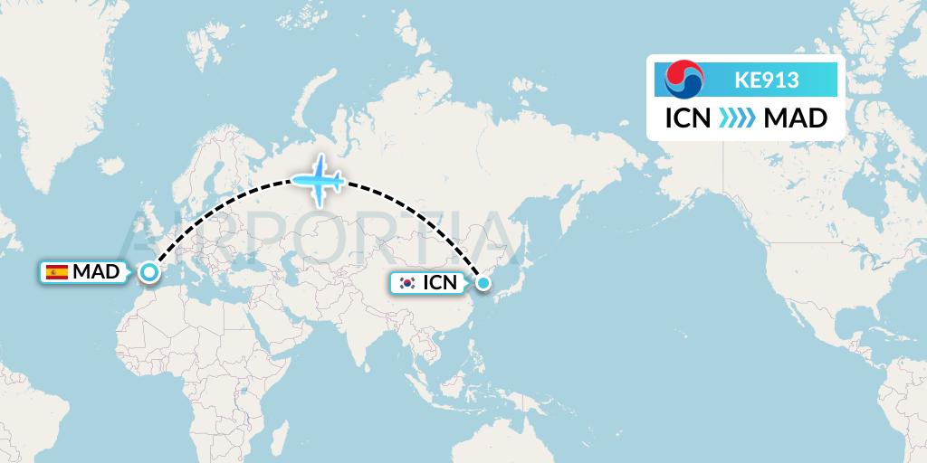 KE913 Korean Air Flight Map: Seoul to Madrid