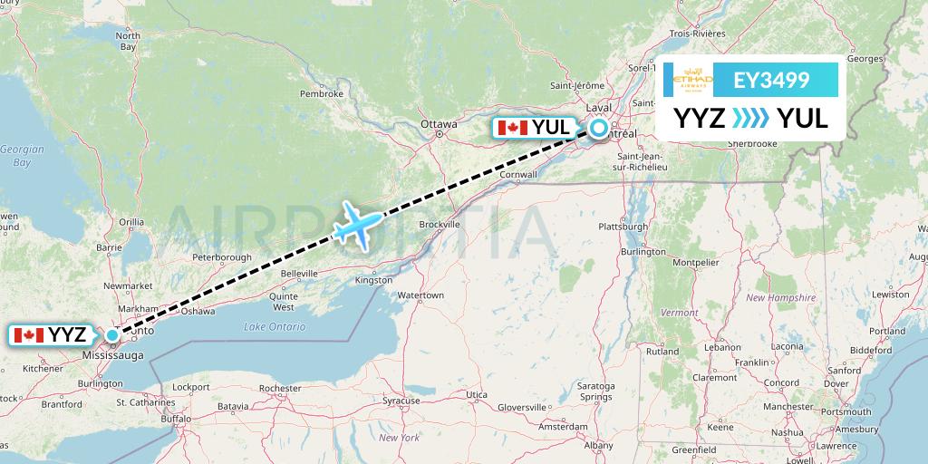 EY3499 Etihad Airways Flight Map: Toronto to Montreal