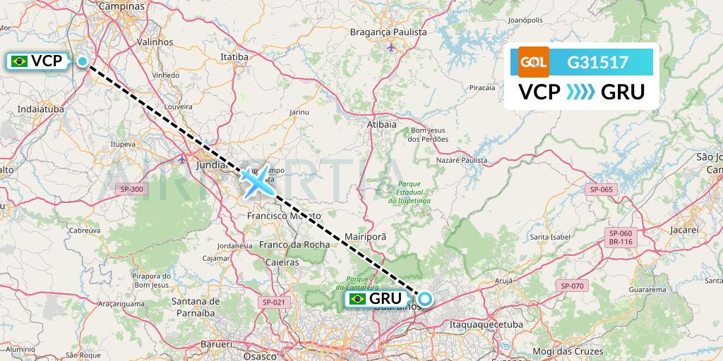 G31517 GOL Transportes Aeros Flight Map: Campinas to Sao Paulo