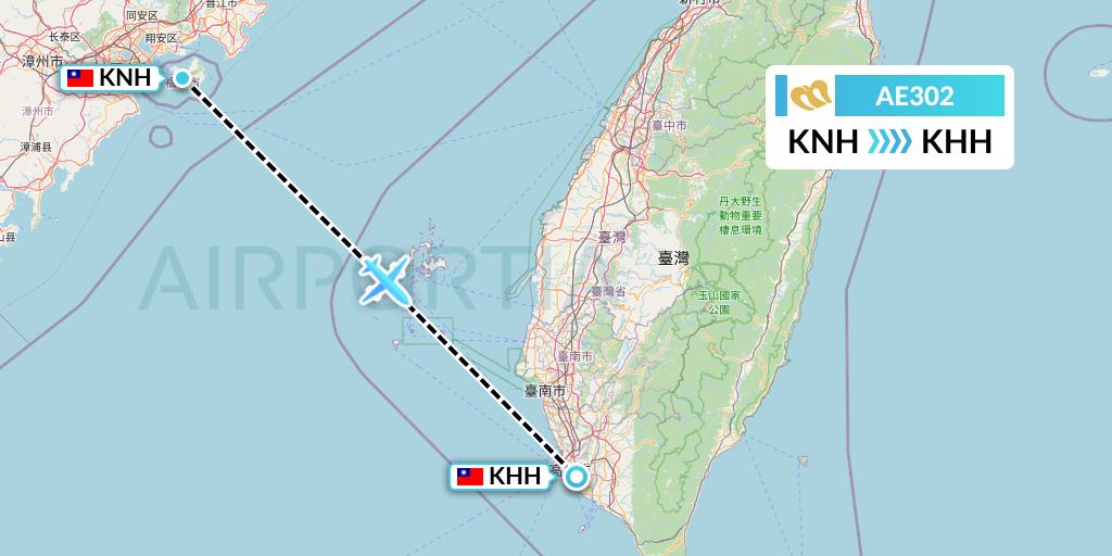 AE302 Mandarin Airlines Flight Map: Kinmen to Kaohsiung