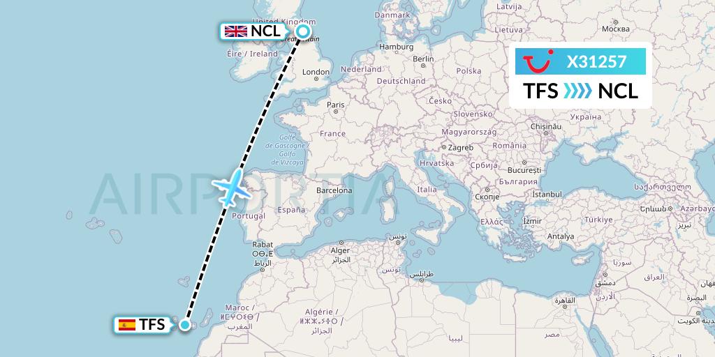 X31257 TUI fly Germany Flight Map: Tenerife to Newcastle