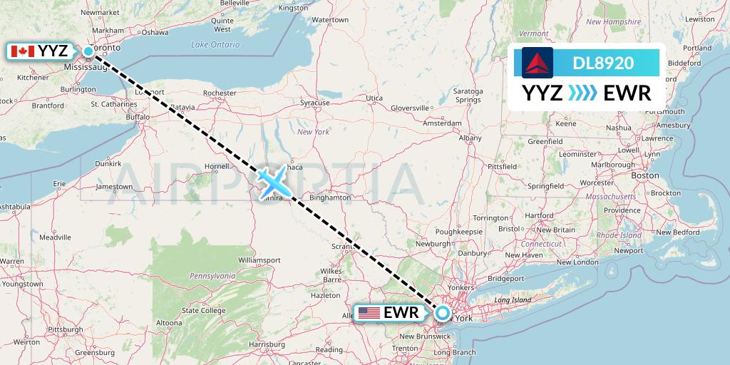 DL8920 Delta Air Lines Flight Map: Toronto to New York