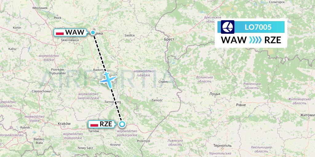 LO7005 LOT Flight Map: Warsaw to Rzeszow