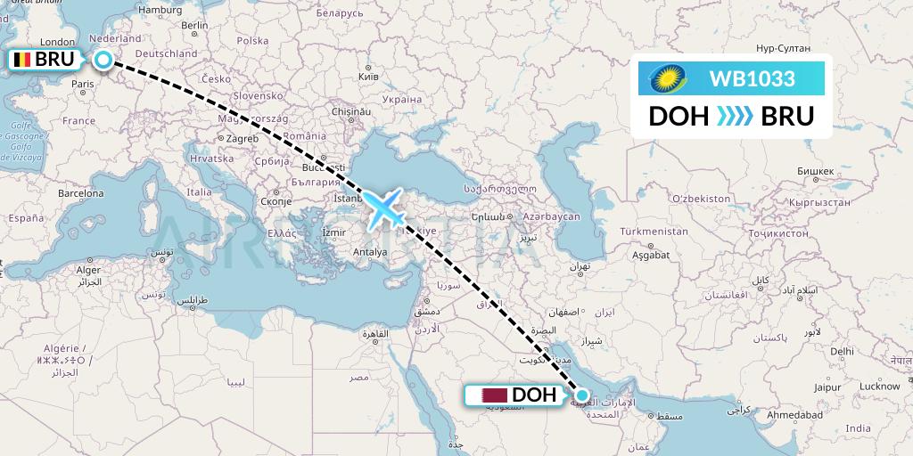 WB1033 RwandAir Flight Map: Doha to Brussels