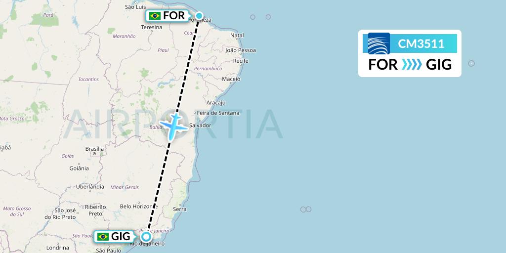 CM3511 Copa Airlines Flight Map: Fortaleza to Rio de Janeiro